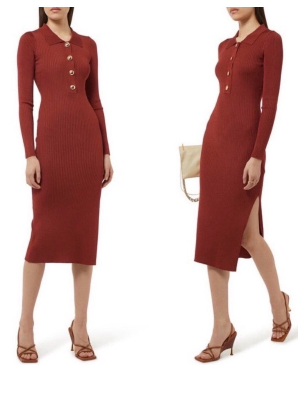 Good American Rust Ribbed Collared Midi Dress with Button Placket